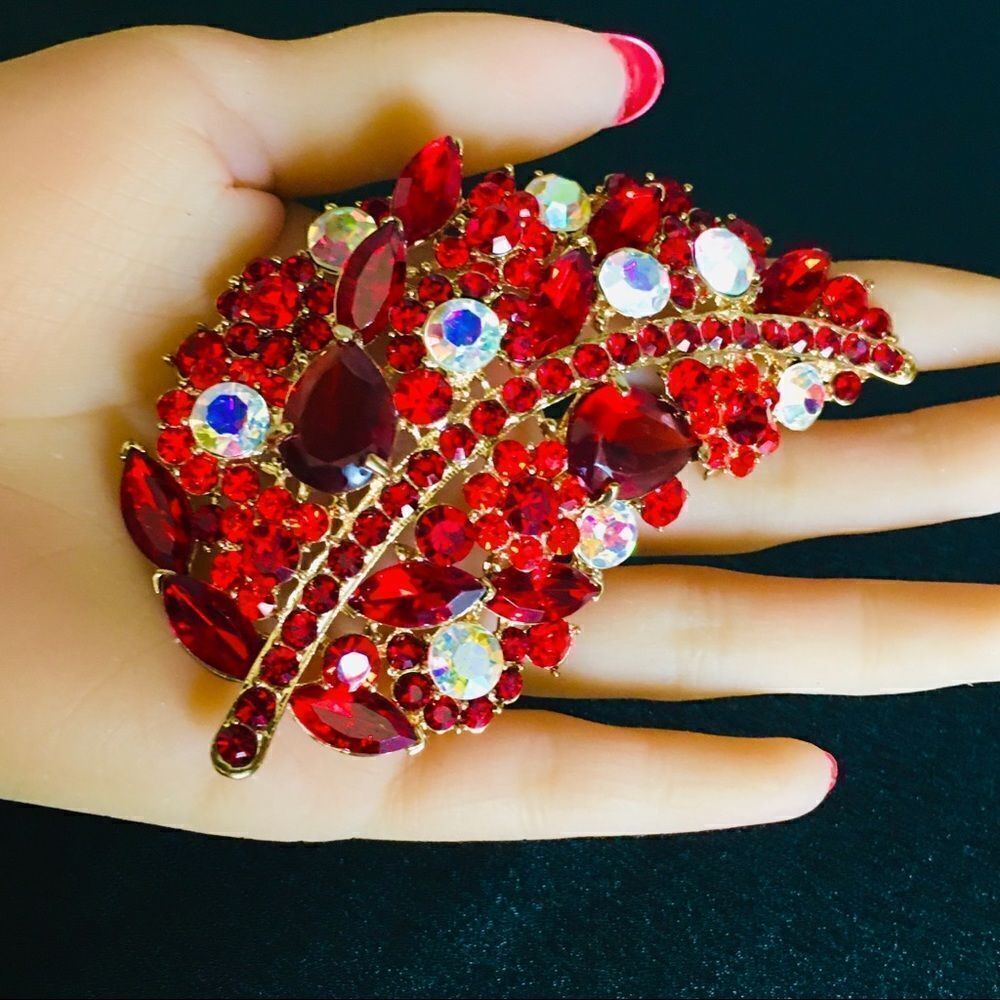 FABULOUS Aurora Borealis Red Rhinestone Cluster Leaf Brooch Huge Vintage 1101